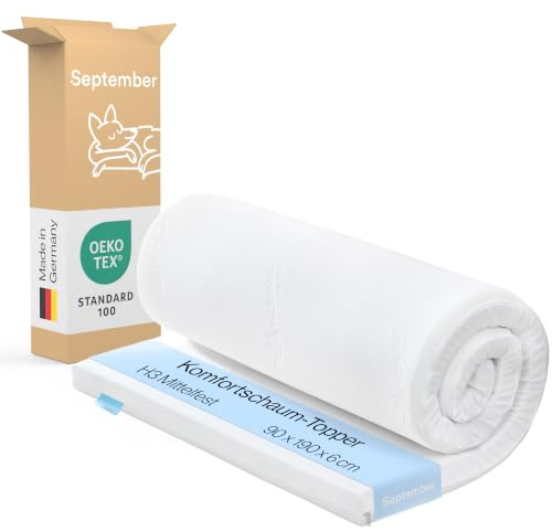September Topper 90x190 cm H3 mittelfest Komfortschaum Höhe 6 cm | Made in Germany, OEKO-TEX STANDARD 100, CertiPUR, Druckentlastend, Aloe Vera Bezug, Reißverschluss, Abnehmbar, Waschbar 60°C