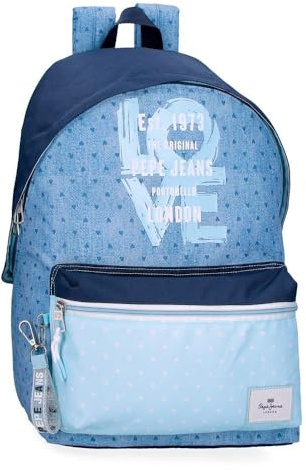 Pepe Jeans Noni denim Mochila escolar, azul y rosa, fabricada en Poliéster, Tirantes ajustables para llevarla cómodamente, varios compartimentos, Con llavero pompón, de Joumma Bags