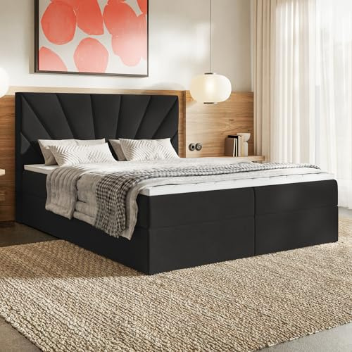 MOTIVENA Aspen Boxspringbett 180x200 mit Bettkasten und Topper, Polsterbett 180x200 mit Bettkasten, Taschenfederkern-Matratze (H3), Visco Memory-Foam Topper (H2), Samt, Schwarz