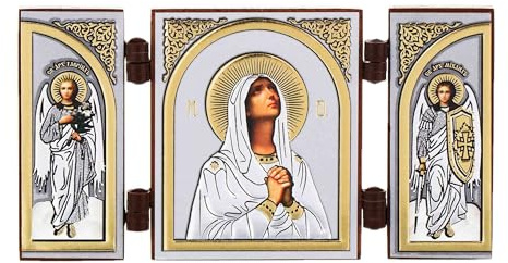 NKlaus Triptychon aus Holz, christliche Reise-Ikone Deva Maria, 1 Stück | Maria-Motiv; Maße 9,5x5,2x0,6cm; für den Reisealtar