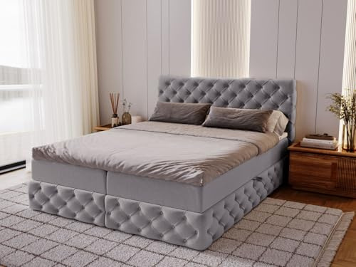 GRAINGOLD Canolo Bett 140x200, Boxspringbett mit Bettkasten, Polsterbett mit Bonell-Matratze, Samt Stoff, mit Topper, mit Kopfteil (Grau, 140x200)
