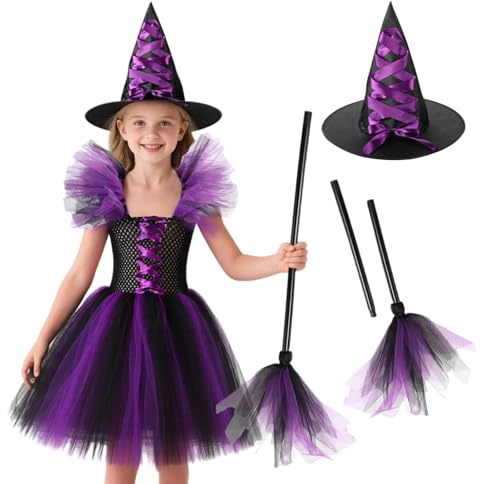 Moerstar Costume da Strega Bambina, Vestito Strega Halloween Bambina Set con Viola Cappello e Scopa Accessori Streghetta Vestiti Cosplay Bambini per Halloween Carnevale (130)