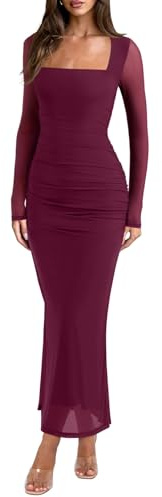 REORIA Long Sleeve Wedding Guest Maxi Dresses for Women Sheer Mesh Square Neck Ruched Bodycon Long Dress Fall Outfits