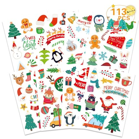 113STK Weihnachtssticker Selbstklebend, Wasserfest Sticker Weihnachten Deko | Weihnachtsaufkleber Merry Christmas Weihnachtsbaum Rentier Schneemann Geschenk Sticker für Kinder Scrapbook DIY