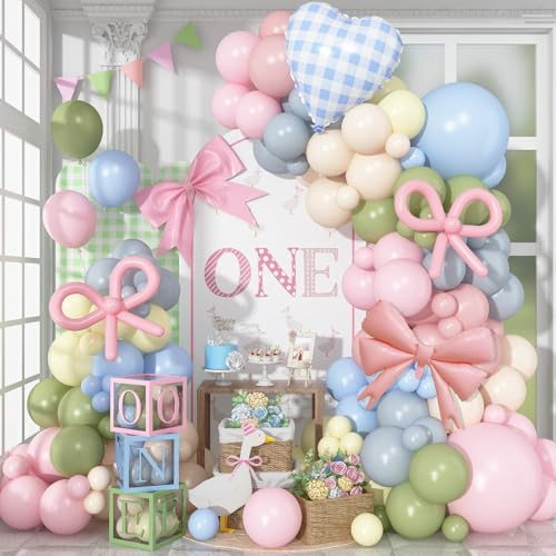 Kit d'arche de ballons en forme d'oie - Rose pastel, bleu, vert sauge, guirlande de ballons en forme de cœur vichy - Décorations d'anniversaire pour filles - Rose poudré, bleu, olive, jaune canard
