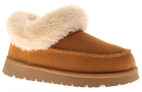 Apache Genuine Leather & Suede Moccasin Slippers for Women - Faux Fur Lined. Cushioned Comfort. Non-Slip Rubber Sole