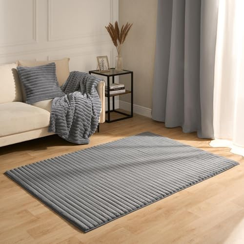 OHS Rugs Living Room, Faux Fur Ribbed Area Rugs for Bedroom Super Soft Anti Slip Modern Runner Rug Low Pile Non Shedding Floor Carpets, Charcoal Grey - 80 x 150cm
