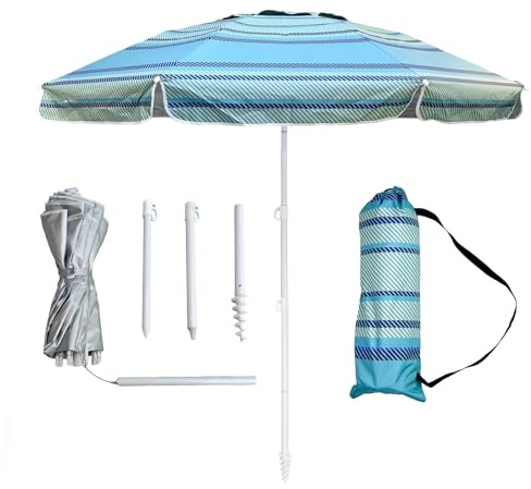 LOTTAFUN 6ft Beach Umbrella - Heavy Duty Wind Resistant UV 50+ Portable Sun Shade with Sand Anchor & Carry Bag, Outdoor Folding Umbrella for Beach, Pool, Patio, Garden (Green diagonal strip)