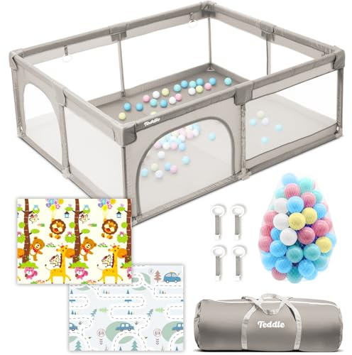 Teddle Laufstall Baby -Laufgitter Baby mit 50x Spielbälle – Playpen für Innen und Draußen (Beige, 180x150cm)
