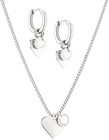 LIEBESKIND BERLIN Schmuck-Set - Creolen mit Herz- und Plättchen-Anhänger und passende Halskette - Silber - Venezianerkette verstellbar bis 45 cm - wasserfest & hautfreundlich