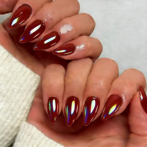 KQueenest Chrome Press On Nails - Glitzer Orange Nägel zum Aufkleben Mittel Mandel, Sparkl Metallic Bunt Fake Nails Künstliche Fingernägel zum aufkleben, Glasiert Acryl Nägel für Frauen, 24 Stück