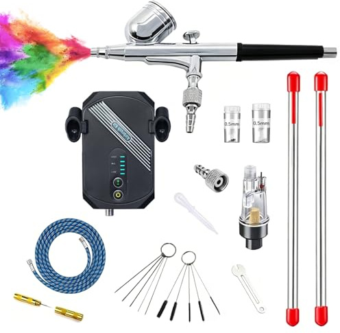 Kit Aerografo con Compressore Portatile, 3 Livelli di Pressione (28-48 PSI) | 3 Ugelli (0,2/0,3/0,5 mm) – Aerografo a Doppia Azione 12W per Modellismo, Trucco, Nail Art e Decorazione Torte