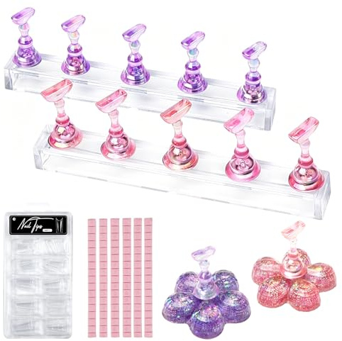 Nail Stand Display Kit - Magnetic Nail Practice Stands, Flower Nail Holder | with Almond Nail Tips, Adhesive Putty Clay, Nail Art Tools for Painting Nails, for Home & Salon Manicure Tool