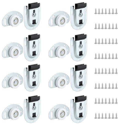 Sliding Closet Door Hardware Kit, Closet Door Rollers Replacement Kit with Top Brackets, Smooth Ball Bearing Wardrobe Sliding Door Kit for Cabinet Cupboard (8 Pack)