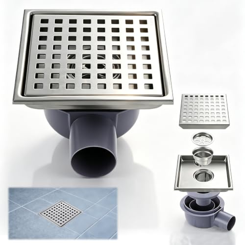 Duschrinne Quadratisch Edelstahl Bodenablauf, 15x15 cm Bodenablauf Dusche | 2 in1 Edelstahl Duschablauf mit 360°Siphon Geruchsverschluss Haarsieb für Bad Balkonx Terrasse Keller