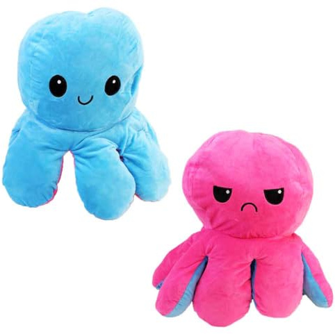 BEMIRO Wende-Oktopus Plüschtier, Blau und Rosa, XL 60 cm, Kawaii Design, Kuschelig Weich, Zwei Gesichter