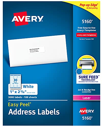 Avery 05160 Adress-Etiketten, leicht abziehbar, mit sicherem Einzug, 2,5 x 7,1 cm, Weiß, 3.000 Blanko-Etiketten