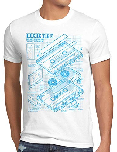 style3 Tape Blaupause Herren T-Shirt dj musikkassette Turntable Retro, Größe:XL, Farbe:Weiß