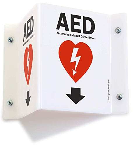 SmartSign AED Panneau projetant « AED », défibrillateur externe automatique avec symbole défibrillateur, rouge | 12,7 x 15,2 cm acrylique