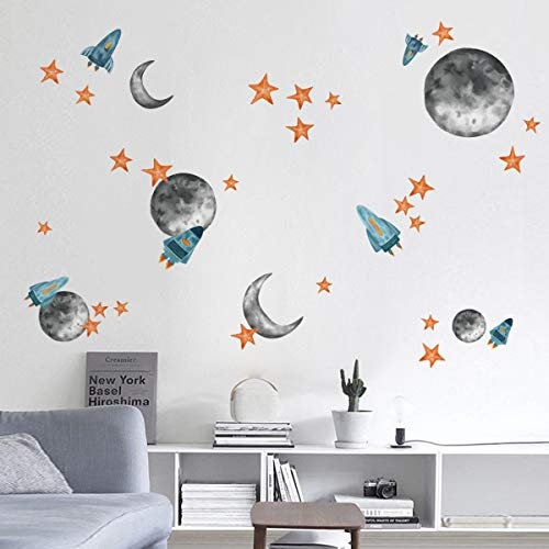 ufengke Wandtattoos Weltraum Wandsticker Wandaufkleber Sterne Raketen Planeten für Kinderzimmer Jungen Wohnzimmer