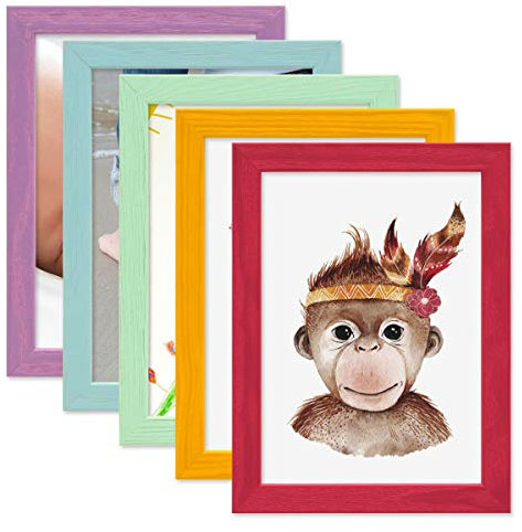 PHOTOLINI Bilderrahmen Kinderzimmer 15x20 cm Bunt, 5er Set Wechselrahmen farbig, Holz, Acrylglas, Made in Germany, zum Aufstellen & Aufhängen, mit Zubehör - für bunte Kinderbilder