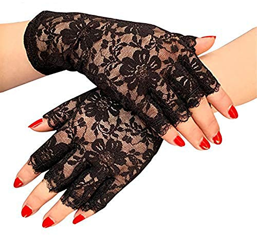 Lifreer Fingerlose schwarze Damen-Handschuhe aus Spitze, Halloween-Handschuhe, schwarze Handschuhe, Gothic-Kostüm, Halloween-Zubehör (2 Paar)