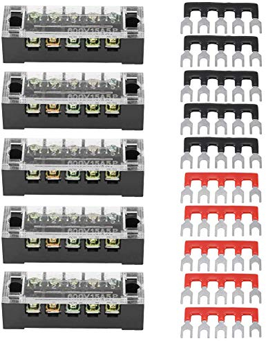 5er Set Schraubklemmenblock 5 Positionen 600V 15A - Dual Row mit 10 vorkonfektionierten Isolationsterminalen