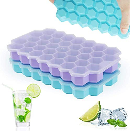 Rottay Eiswürfelform, 37-Fach Eiswuerfel Form 2er Pack Silikon Eiswürfelbehälter Mit Deckel Ice Cube Tray, Stapelbar Eiswürfelformen für Whisky Cocktails Saft Schokolade Süßigkeiten (blau + violett)