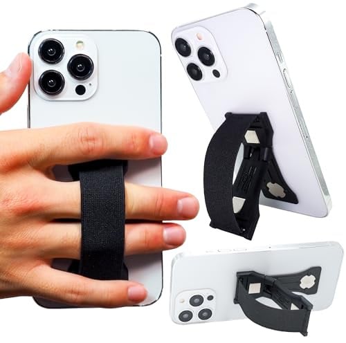 LOVEHANDLE PRO Premium Phone Grip - Elastic Strap - Magnetic Mount and Kickstand for Smartphone and Tablet - Black