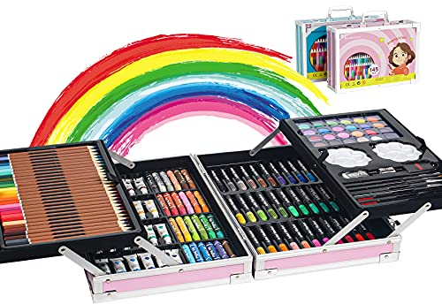DoubleCare - Juego de arte de 145 piezas, caja y kit de dibujo de aluminio portátil de lujo para niños y adultos, adecuado para equipos de dibujo diarios, regalos de cumpleaños, regalos