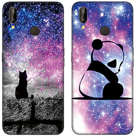 DiaryTown 2 Pack für Huawei P20 Lite Hülle, Ultra Dünn Silikon Bumper Schutzhülle Stoßfest mit Muster Motiv Schwarz Handyhüllen Weich TPU Cover für Huawei P20 Lite - Sternenhimmel Katze & Panda