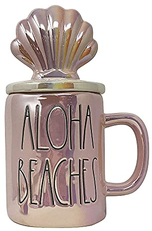 Rae Dunn Coffee Mugs with Decorative ceramic Lids (Aloha Beaches/Pink Iridescent)