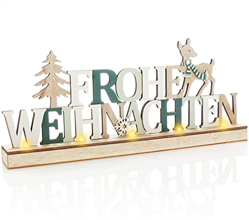 com-four® LED Deko Aufsteller aus Holz - beleuchteter Schriftzug auf Holzsockel - Deko-Schriftzug zum Hinstellen für Weihnachten - Stimmungslicht mit Timer (Rentiere - grün)
