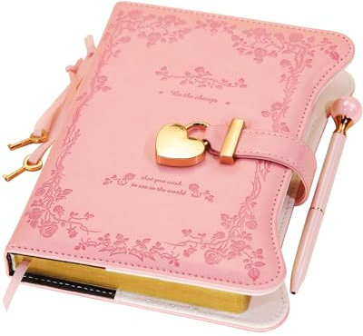 Hoci Poci Diary with Lock and keys for Girls, Rose Garden Journal for Women, Secret Notebook with Lined Pages for Writing Drawing, Pink Pearl Pen and Bookmark Included