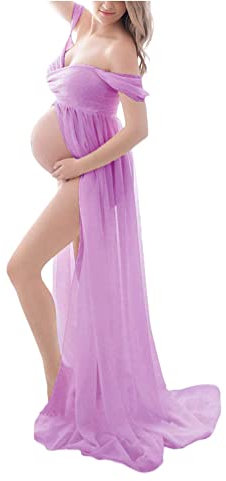 ORANDESIGNE Vestido Embarazada Mujer para Fotografía Maternidad para Fotos Fiesta Regalos de Mamás Verano Vestidos Largos Premamá Ropa de Embarazo Elegante sin Tirantes Chifón C Lila Claro M