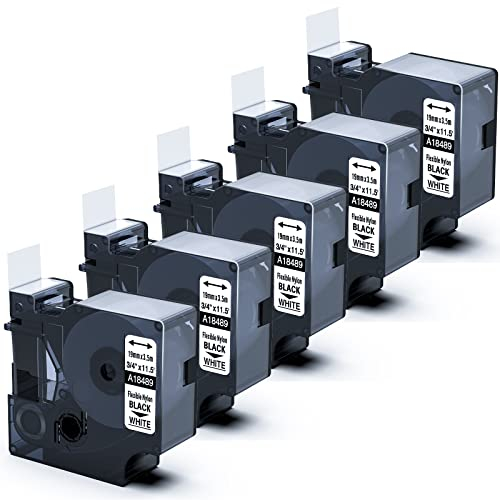 5x MarkField 19mm Flexible Nylon Schriftband Kompatibel mit Dymo Rhino 18489 Band Industrial Flexiblen Etiketten Kompatibel für Dymo Rhino 4200 5000 5200 6000 Etikettiergerät, Schwarz auf Weiß