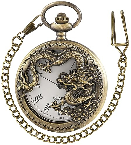 Tiong Montre de poche vintage à quartz creux en forme de pieuvre pour homme - Style steampunk - Dragon gravé - Avec chaîne, Bronze Blanc 2, Rétro