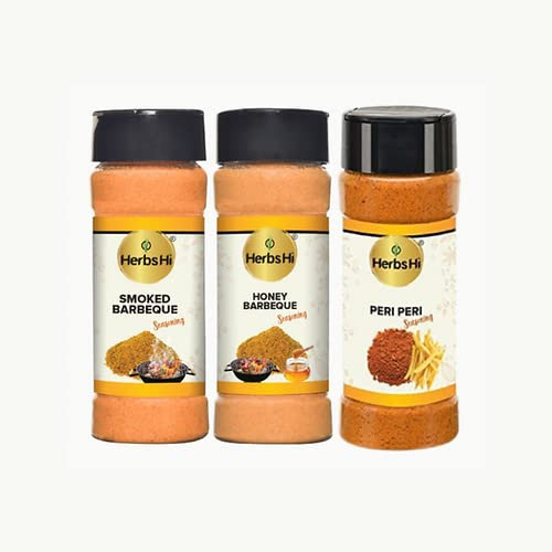 HerbsHi Combo BBQ | Barbecue fumé (55 g), barbecue au miel (55 g), Peri Peri (60 g) | Pour frites, chips de doigts, pop-corn, salades, apéritifs, marinades, sauces | Facile à utiliser