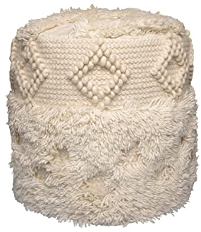Qiyano Pouf rund im Boho-Stil aus weicher Neuseelandwolle mit Fransen und Quasten Naturmaterial handgefertigt Bohemian-Stil Ethno Hocker Wohnzimmer Schlafzimmer Garderobe Farbe: Natur