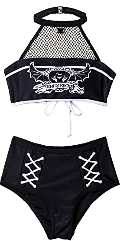 Emily the Strange Damen Neckholder Top mit Unterteil Zweiteiliger Bikini Set Badeanzug, Schwarz, S