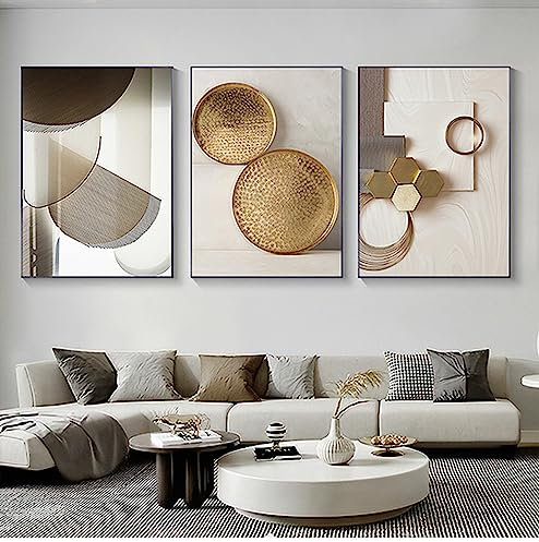 HEHGVCF WTD Tableau mural 3 pièces moderne sur toile non tissée pour chambre à coucher, couloir, salon - Beige abstrait moderne - Marbre géométrique - Sans cadre (Géométrie A, 50 x 70 cm)