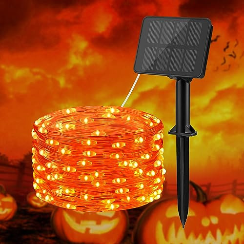 BOLWEO Orange Halloween Solar Fairy Lights, 16.4Ft 50 LED Solar String Lights Outdoor, IP65 Waterproof Outdoor Lights for Backyard Deck Fence Patio Decor Diwali Halloween Decorations (1 Pack)