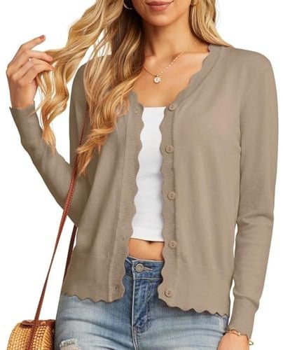 GRECERELLE Women's Cardigans Knit Long Sleeve V Neck Button Down Lightweight Ladies Scalloped Shrugs Jumper Cardigan for Dress Summer Evening Wedding