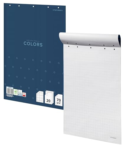 Top 2000 Colors 400169249 Papier tableau à carreaux 64 x 90 cm Bloc de 20 feuilles de papier tableau blanc Grammage 70 g/m² Idéal pour les bureaux ou les salles de conférence Dos collé