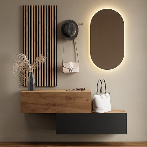Planetmöbel Flur Möbel Garderobe 2X 100cm Gold Eiche/Gold Eiche Anthrazit, Wandpaneel 50cm Gold Eiche/Anthrazit mit Spiegel 50cm (ohne LED), Wandgarderobe 32,5H x 100B x 37,8T cm