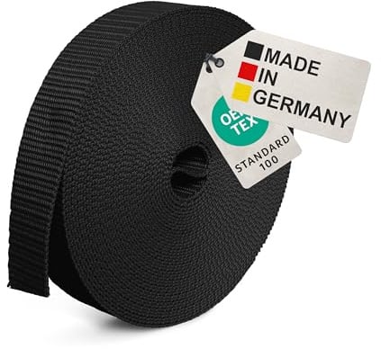 BAUHELD® 10m Universal Gurtband 20mm [Made in Germany] - Gewebe Montage-Band aus Polypropylen - Gurt zum Befestigen, Nähen oder Zubehör für Rucksack, Koffer, Steck-Schnalle, Spannriemen - Schwarz