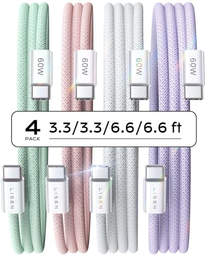 LISEN 60W for Samsung Type C 4-Pack [1M+1M+2M+2M] USB C Charger Cable for iPhone 15 Pro Max, iPad Pro/Air/Mini, Samsung S24, LG, Google Pixel