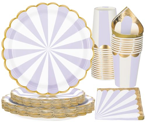 PARTY GO Lot de 96 accessoires de fête jetables violets comprenant des assiettes en carton de 22,9 cm, des assiettes en carton de 17,8 cm, des tasses, des serviettes, pour pique-nique, fête