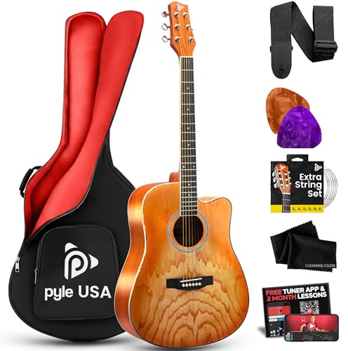 Pyle Steel String Acoustic Guitar Kit, 41 Full Size Cutaway with Ashtree Top, Open Pore Finish, Premium Accessory Set with Armored Gig Bag, Cherry Burst Matte