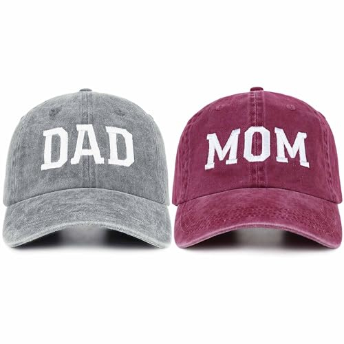 SaryHome Mutter- und Papa-Hüte für neue Eltern, Geschenke für Paare, bestickte, verstellbare Baseballkappen, Geschenk für neue Mutter, Papa, 01. Red Mom & Grey Dad-1, Einheitsgr��e